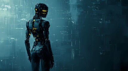 Fototapeta premium A cybernetic female with biomechanical implants and digital enhancements, representing advanced robotics and transhumanism in a futuristic comic book illustration style.