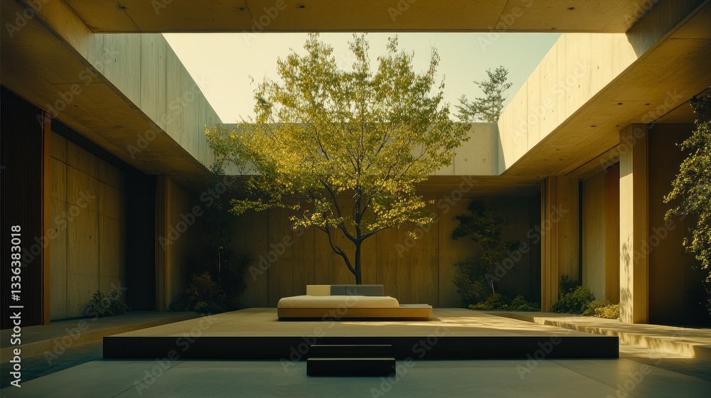 Poster a modern architecture courtyard with a central tree and sunlight