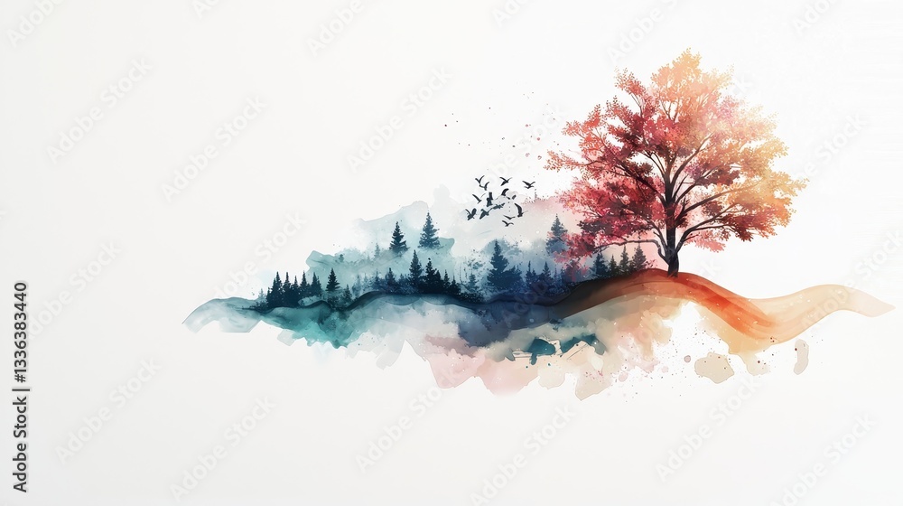 Poster abstract watercolor tree design with colorful borders and surreal background landscape elements