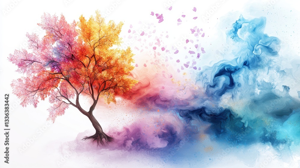 Poster abstract watercolor tree with colorful borders and soft textures in vibrant hues and dynamic design
