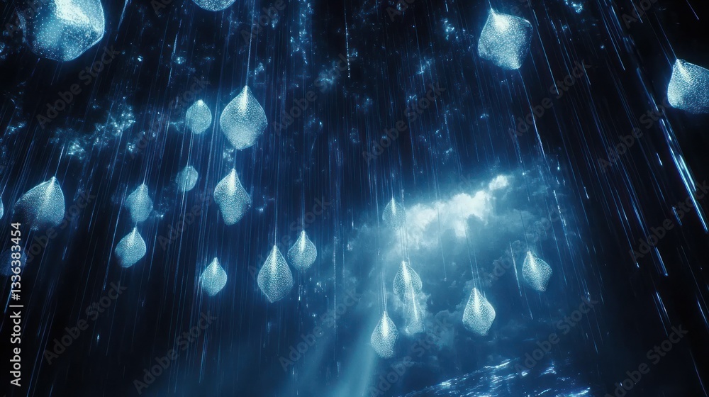 Poster Abstract image of luminous shapes floating through dark atmospheric space