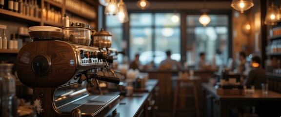Cozy Coffee Shop Modern Espresso Machine Warm Lighting - Inviting Atmosphere Coffee Culture Promotions Marketing Materials