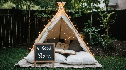 Cozy Reading Tent Setup in Backyard with Soft Lighting and Decor for Storytime Enjoyment