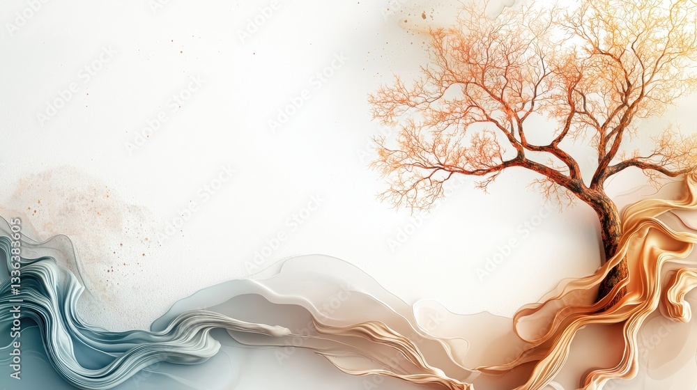 Poster abstract watercolor tree with flowing borders and soft tones in elegant design