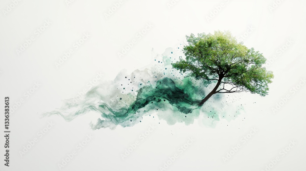Poster Abstract Watercolor Tree with Fluid Borders and Elegant Design Elements in Soft Green Tones