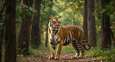 Obraz premium Majestic Bengal Tiger in Lush Forest. Generative Ai