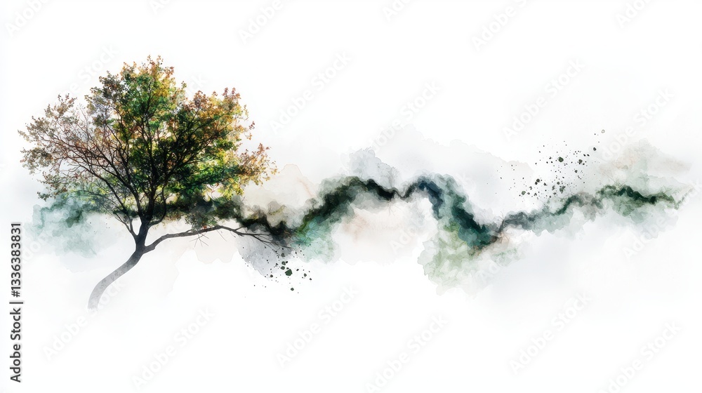 Poster artistic watercolor tree with soft borders and abstract background elements for creative design proj