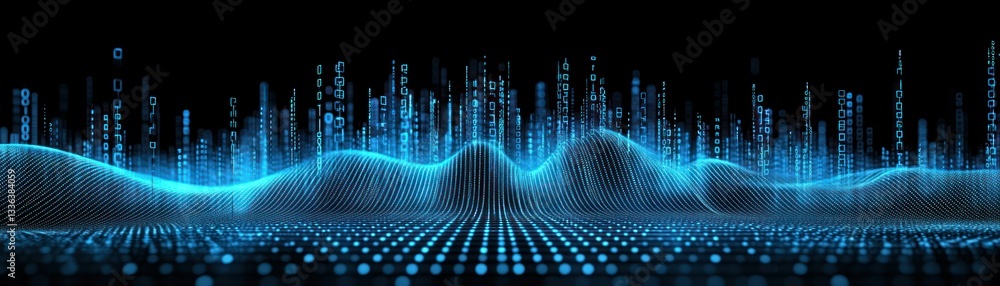 Poster Abstract visualization depicting digital data flowing in a landscape