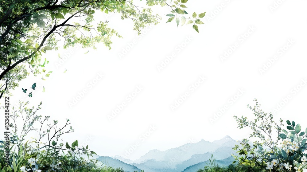 Poster delicate watercolor botanical frame with trees and nature elements for elegant design projects