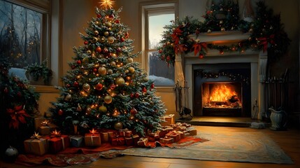 Festive Christmas scene Decorated tree fireplace presents Cozy holiday home interior