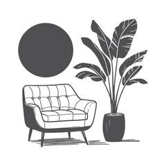 Minimalist line art of a mid-century armchair with a potted plant
