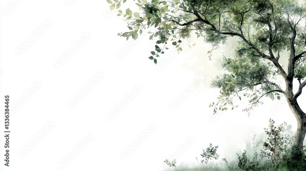 Poster elegant watercolor botanical tree with decorative borders and light background for design use