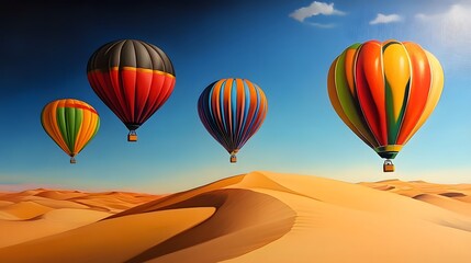 Fototapeta premium Colorful Hot Air Balloons Soaring Over Desert Dunes Scenic Landscape