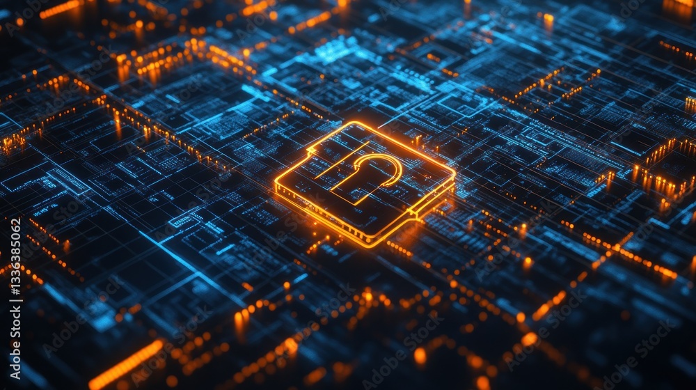 Poster glowing padlock on a digital circuit board displays cybersecurity concept