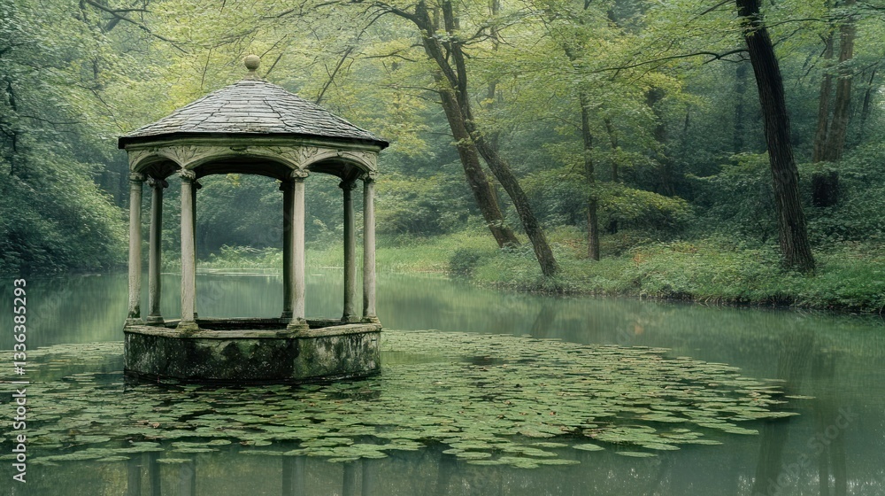 Poster a serene lakeside scene with an open stone gazebo structure