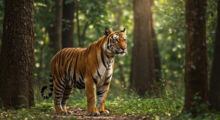 Obraz premium Majestic Bengal Tiger in Lush Forest. Generative Ai