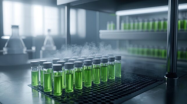 Futuristic Laboratory Setting with Neon Green Vials in Atmospheric Environment
