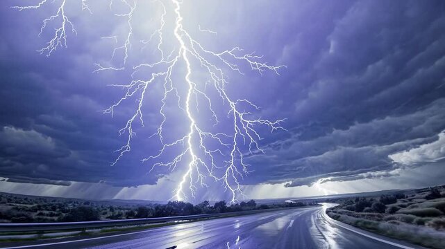 Dark clouds gather and unleash a torrential downpour over a deserted highway, illuminated by dramatic flashes of lightning across the stormy sky