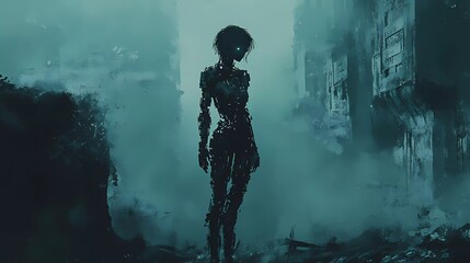 A glowing cybernetic woman with a mechanical face and synthetic skin, embodying the next stage of evolution in a digital book illustration style.