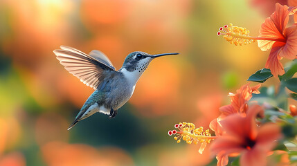 Naklejka premium Hummingbird in flight near vibrant orange flowers