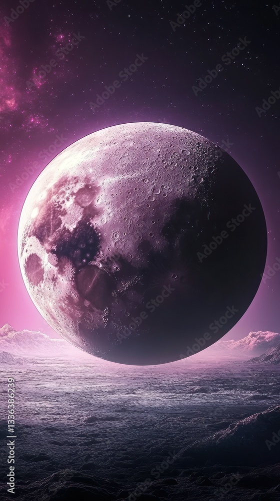 Poster a large purple planet floats above a textured alien landscape