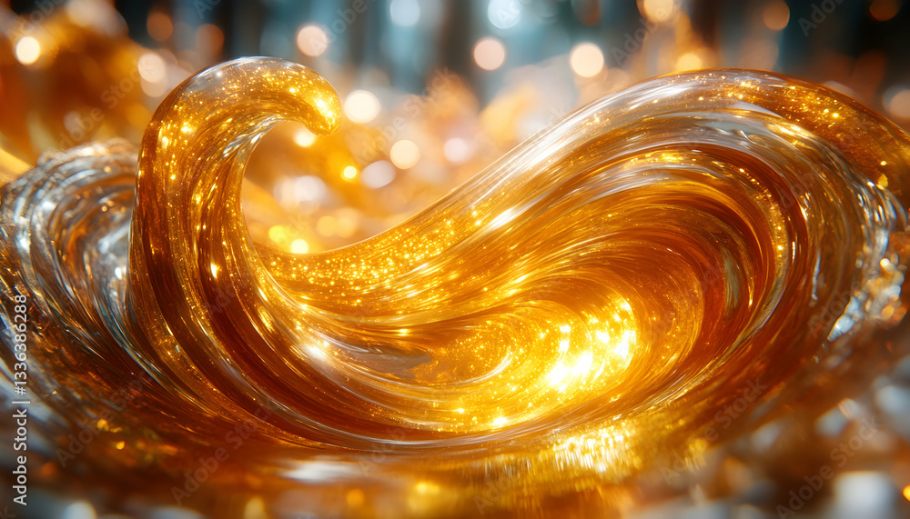 Poster abstract swirling golden liquid, shimmering with light, creating a dynamic and luxurious visual