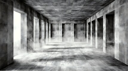 Mysterious monochrome corridor filled with ethereal mist, abstract passageway leading into the unknown, moody surreal scene symbolizing enigma, mystery, and hidden destinations