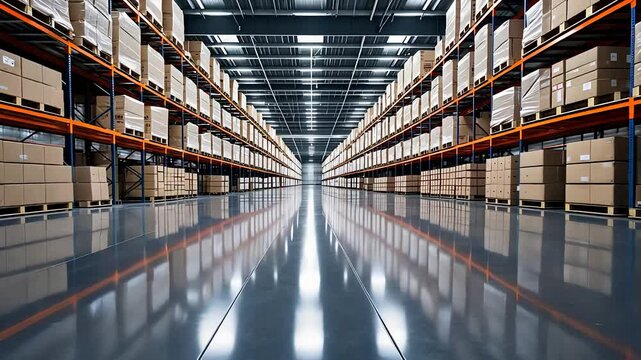 Large Industrial Warehouse with High Shelving Stacked with Cardboard Boxes and Reflective Polished Concrete Floor

