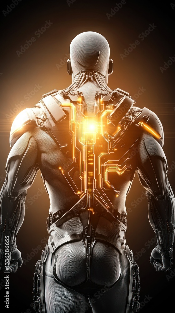 Poster A futuristic android robot shows the detail of its glowing circuitry