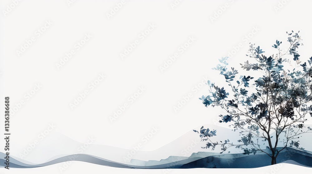 Poster soft abstract watercolor tree design with gentle borders and serene background for artistic presenta
