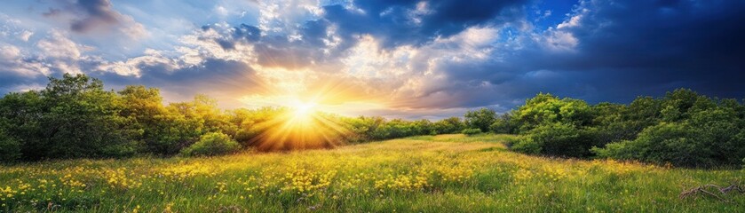 Obraz premium The sun shines over a green field with bright yellow flowers