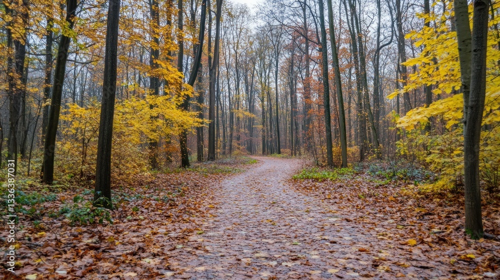 Poster A scenic forest path lined with colorful trees in autumn