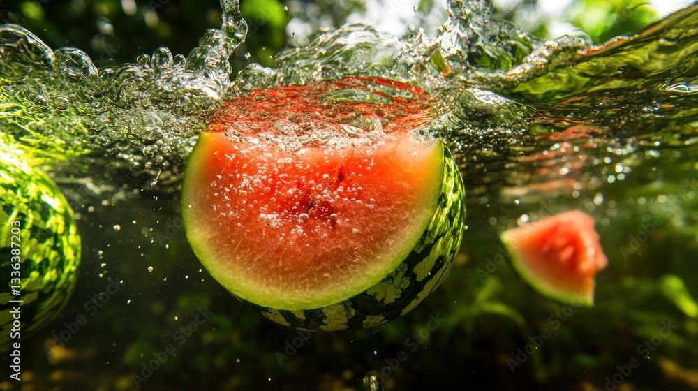 Poster fresh watermelon slices submerged underwater with splashes and droplets nearby