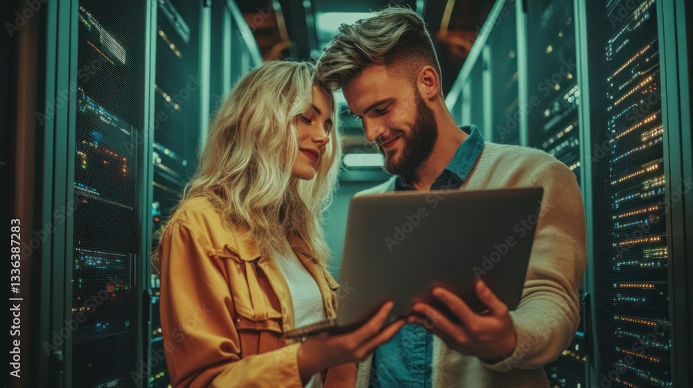 Poster two people working together viewing laptop computer data