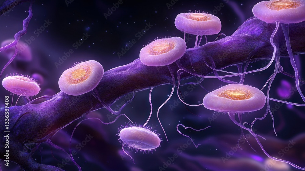 Poster microscopic organisms attached to a purple branching network appear