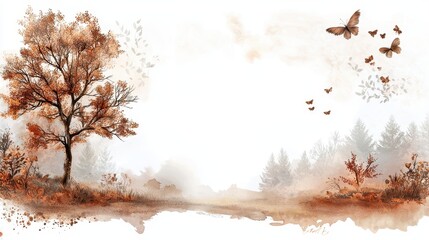 Watercolor Tree Illustration with Soft Textured Borders and Delicate Butterflies in Autumn Colors