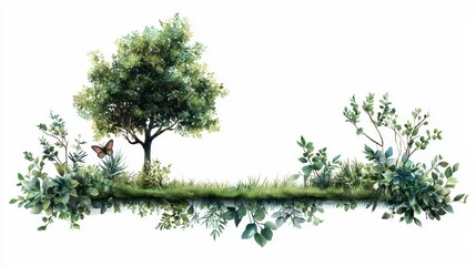 Obraz premium Whimsical Watercolor Tree with Nature Elements and Playful Borders for Artistic Inspiration