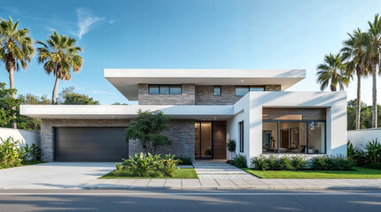 Fototapeta premium Modern architectural design of a luxury home with stone accents and palm trees under a clear blue sky