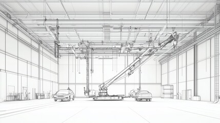 A high-tech automated crane working in a factory, assembling cars with robotic precision under bright industrial lighting 