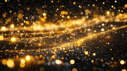 Abstract background with golden bokeh and sparkling particles in dark space