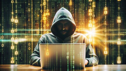 A person in a hoodie works on a laptop, surrounded by a digital backdrop of binary code, suggesting themes of hacking or cybersecurity.