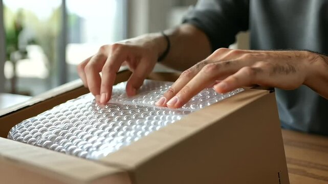 Unboxing a package at a kitchen table with bubble wrap