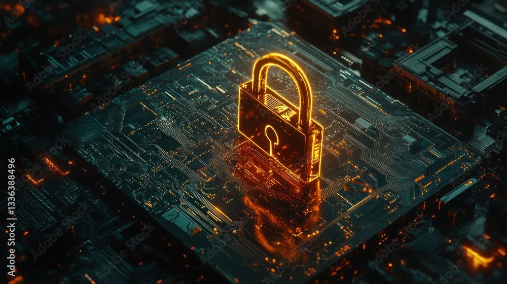 Poster Digital padlock security is displayed on a circuit board visually