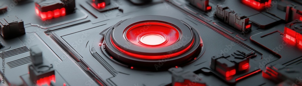 Poster A complex abstract technology component with red illuminating lights