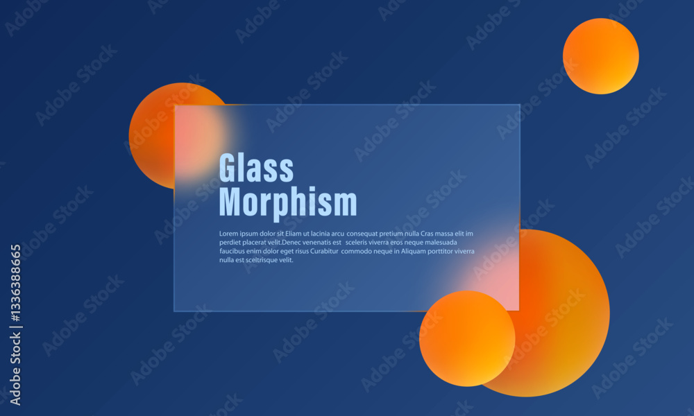 Poster background with transparent panel and floating orange spheres in glass morphism style. website landi