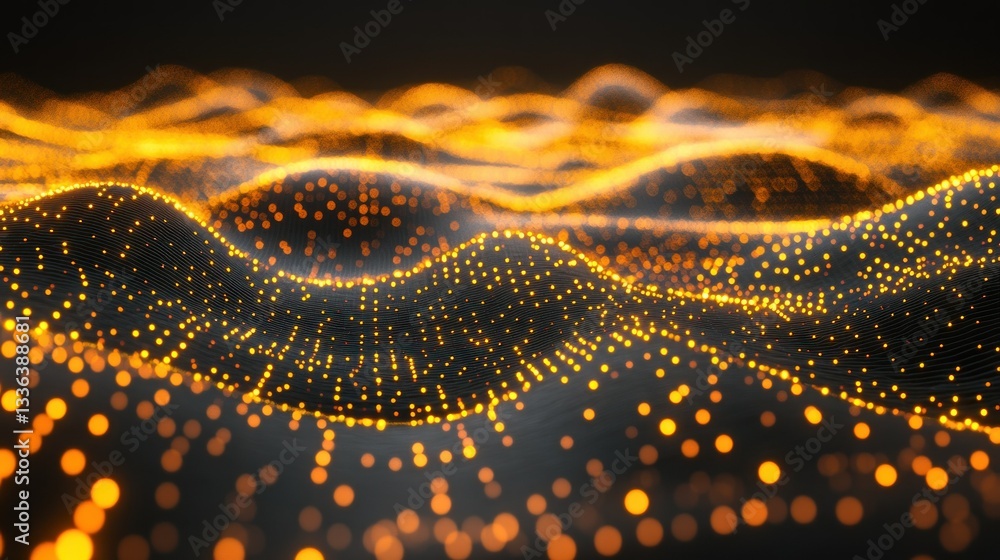Poster abstract representation of glowing golden particles on undulating surfaces