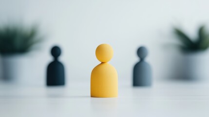 A vibrant yellow figurine stands out among two darker figures, set against a blurred background with potted plants, symbolizing individuality and focus.