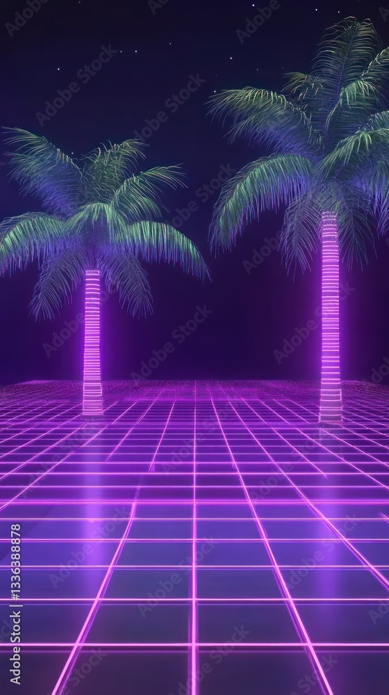 Poster two illuminated palm trees with neon grid at night