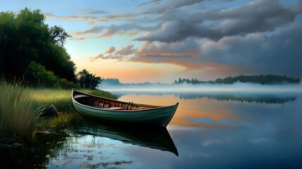 Fototapeta premium Serene Sunrise Rowboat on Misty Lake at Dawn Tranquil Water Reflections