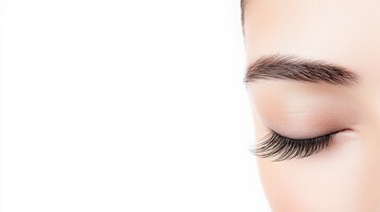 Naklejka premium Close-up of a woman's eye. the eye is closed and the eyelashes are long and full. the eyebrow is neatly groomed and well-defined. the skin around the eye is a light beige color.